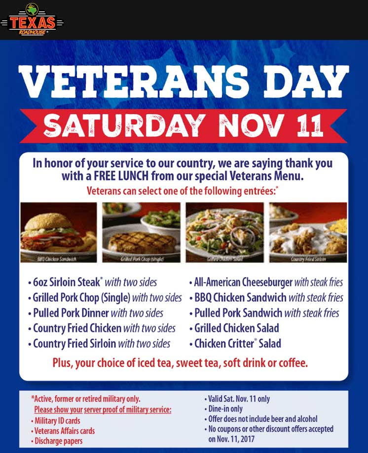 Texas Roadhouse Coupon May 2024 Veterans enjoy a free lunch Saturday at Texas Roadhouse