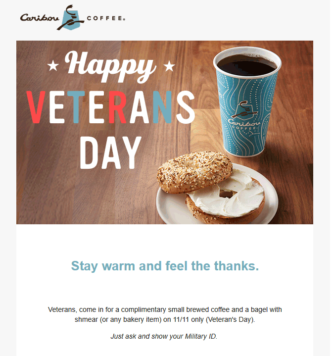 Caribou Coffee Coupon April 2024 Veterans enjoy a free bagel + coffee today at Caribou Coffee