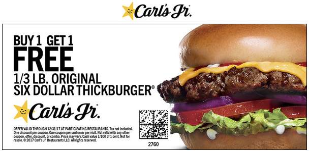 Carls Jr Coupon April 2024 Second cheeseburger free at Carls Jr. restaurants