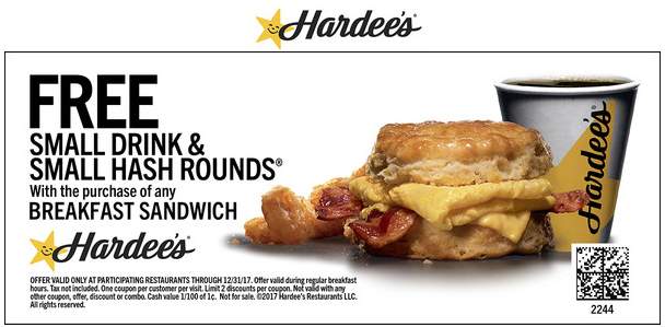 Hardees Coupon April 2024 Free hash + drink with your breakfast sandwich at Hardees