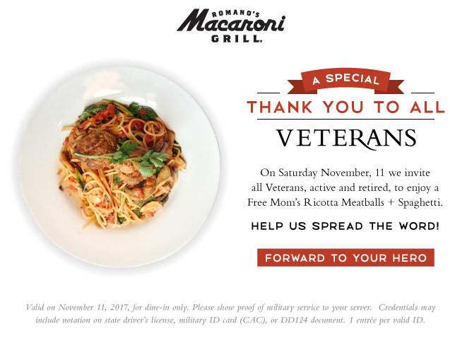 Macaroni Grill Coupon April 2024 Veterans enjoy a free spaghetti & meatballs today at Macaroni Grill
