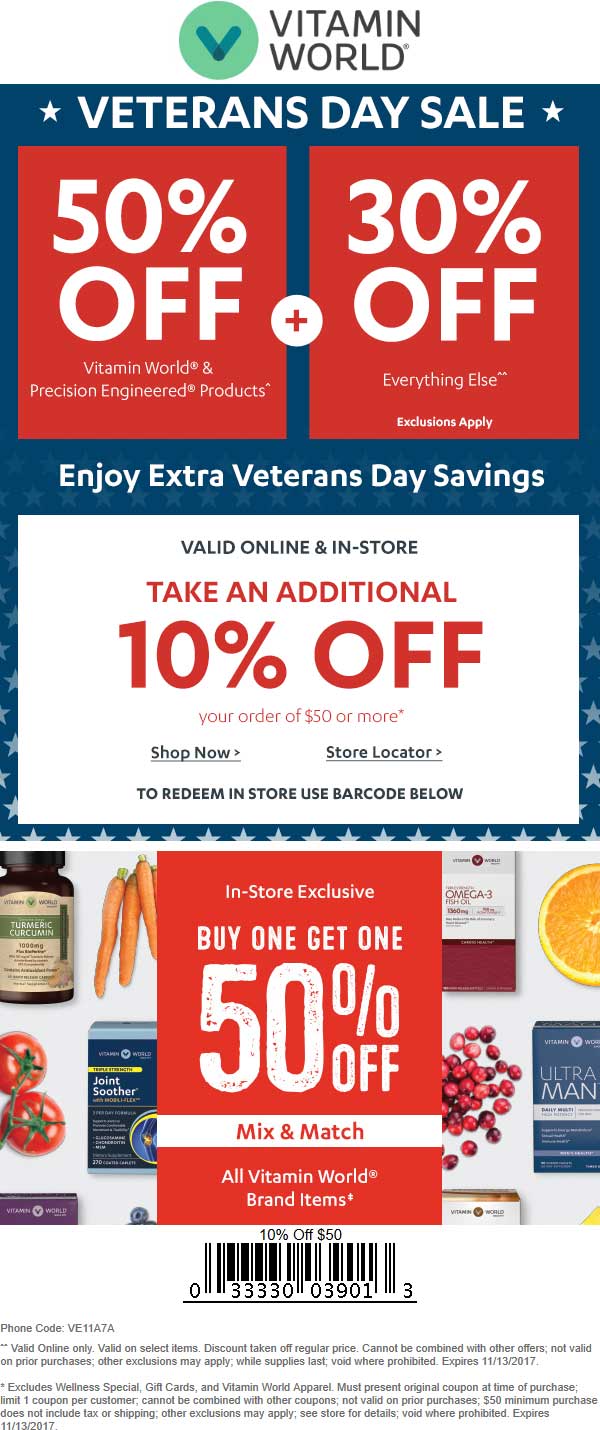Vitamin World Coupon April 2024 10-50% off at Vitamin World, or online via promo code VE11A7A