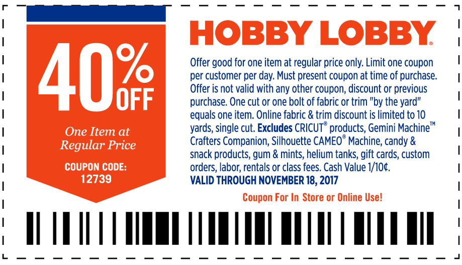 Hobby Lobby Coupon March 2024 40% off a single item at Hobby Lobby, or online via promo code 12739