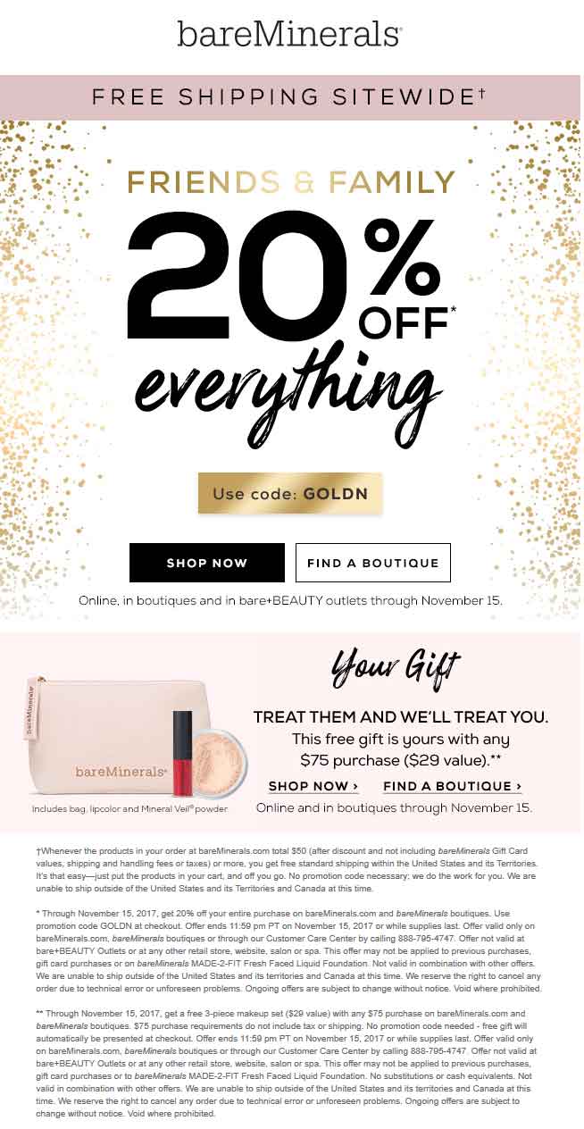 bareMinerals Coupon April 2024 20% off everything at bareMinerals, or online via promo code GOLDN