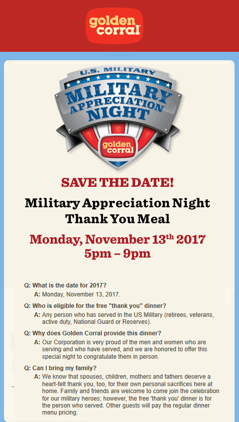 Golden Corral Coupon April 2024 Military enjoy a free dinner tonight at Golden Corral