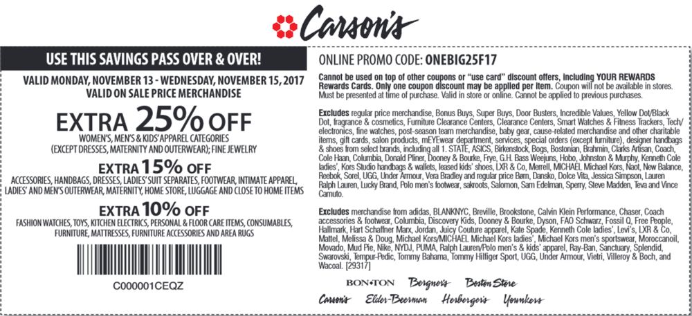 Carsons Coupon April 2024 Extra 25% off at Carsons, Bon Ton & sister stores, or online via promo code ONEBIG25F17