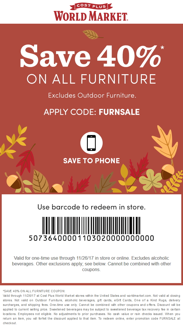 World Market Coupon March 2024 40% off furniture at Cost Plus World Market, or online via promo code FURNSALE