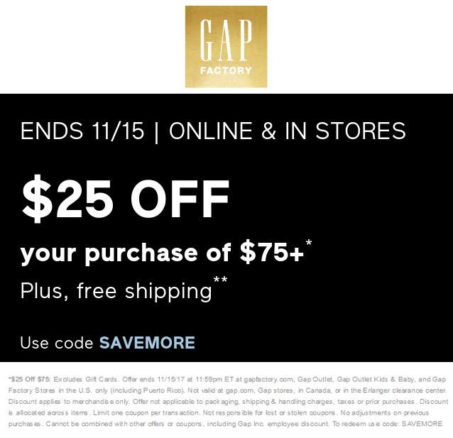 Gap Factory Coupon April 2024 $25 off $75 today at Gap Factory, or online via promo code SAVEMORE