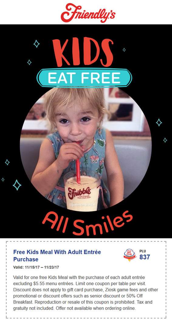 Friendlys Coupon April 2024 Kids eat free with your entree at Friendlys