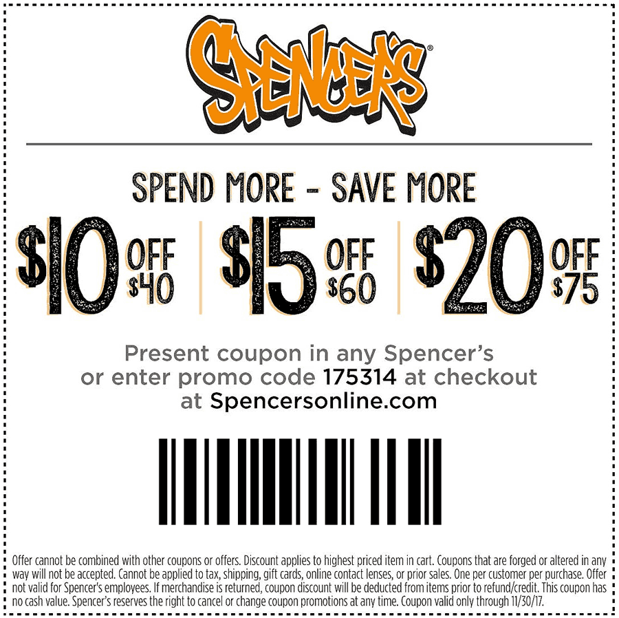 Spencers Coupon April 2024 $10 off $40 & more at Spencers, or online via promo code 175314