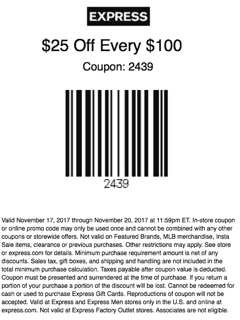 Express Coupon April 2024 $25 off every $100 at Express, or online via promo code 2431