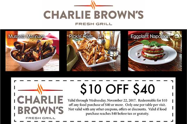 Charlie Browns Coupon April 2024 $10 off $40 at Charlie Browns restaurants