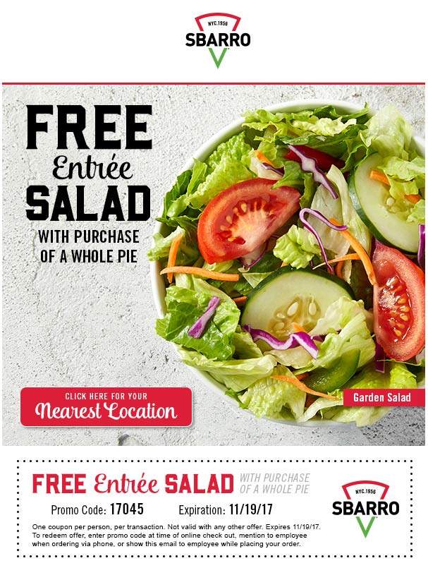 Sbarro Coupon March 2024 Free salad with your pizza at Sbarro