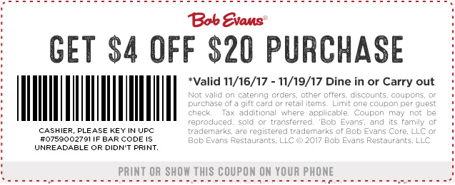 Bob Evans Coupon April 2024 $4 off $20 today at Bob Evans restaurants