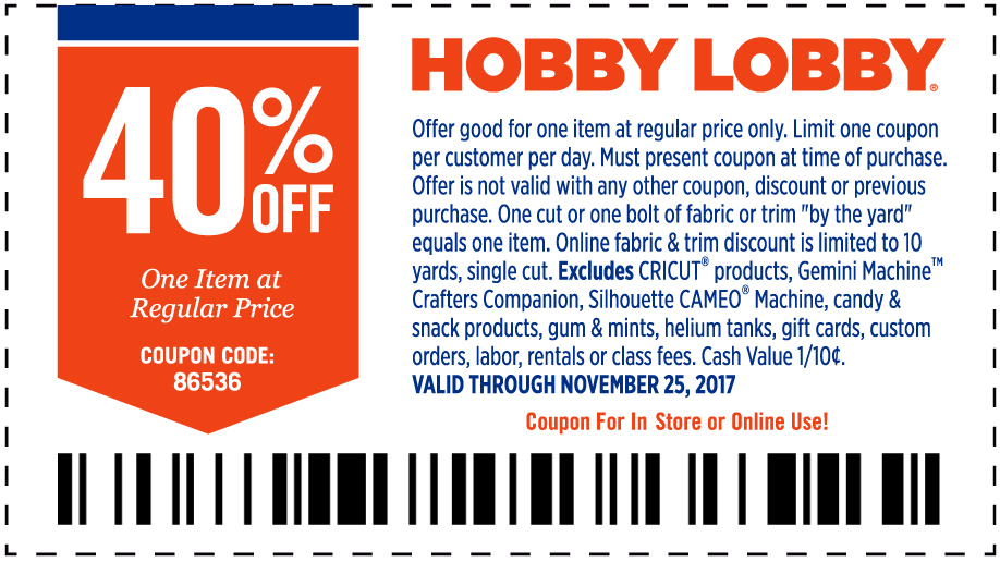 Hobby Lobby Coupon April 2024 40% off a single item at Hobby Lobby, or online via promo code 86536