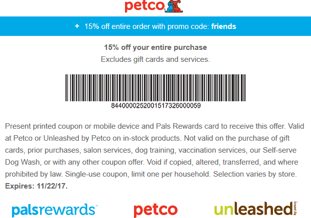 Petco Coupon April 2024 15% off at Petco, or online via promo code FRIENDS