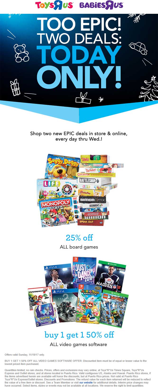 Toys R Us Coupon April 2024 Second video game 50% off today + 25% off all board games at Toys R Us, ditto online