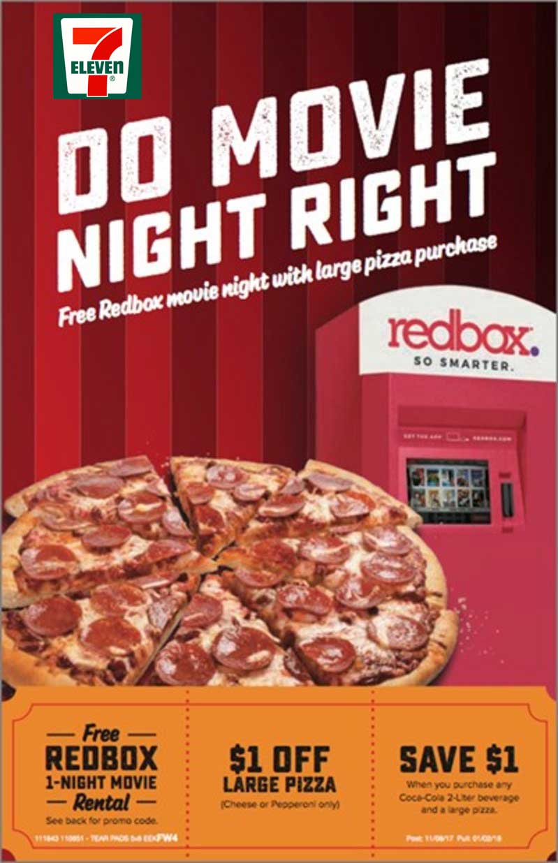 7-Eleven Coupon April 2024 Large pizza + 2 liter soda + Redbox movie rental = $7 at 7-Eleven