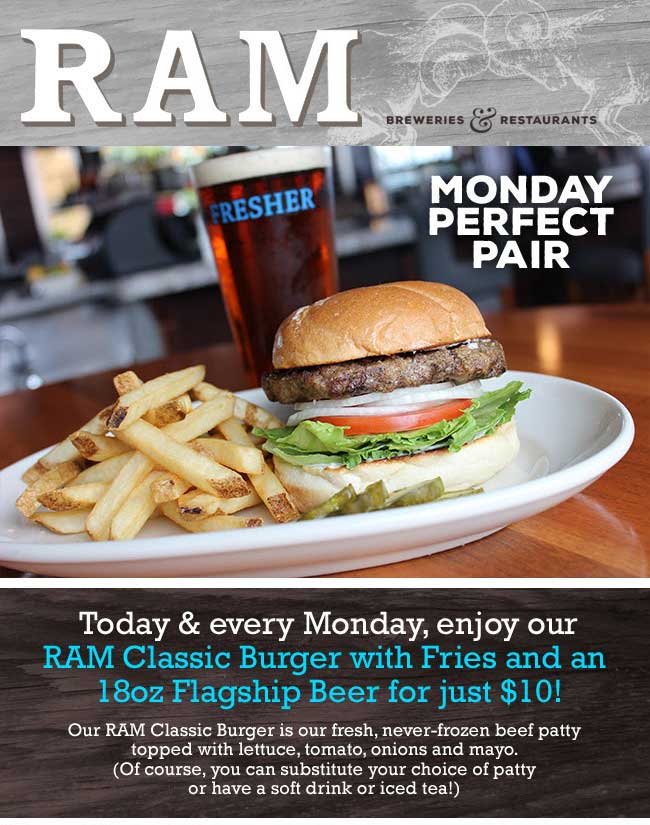 RAM Coupon April 2024 Burger + fries + beer = $10 today at RAM restaurants