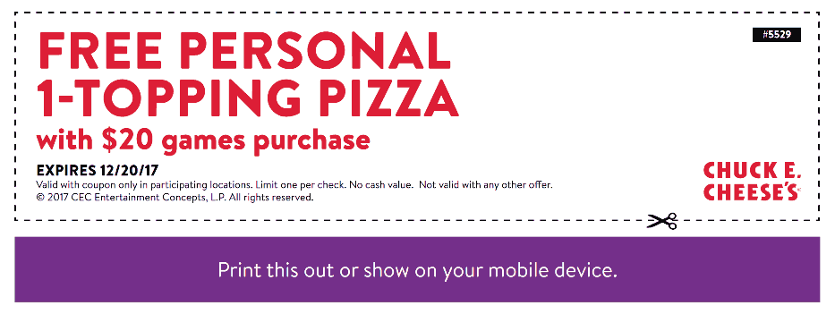 Chuck E. Cheese Coupon April 2024 Free personal pizza with $20 in games at Chuck E. Cheese