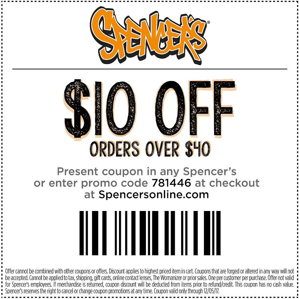 Spencers Coupon March 2024 $10 off $40 at Spencers, or online via promo code 781446