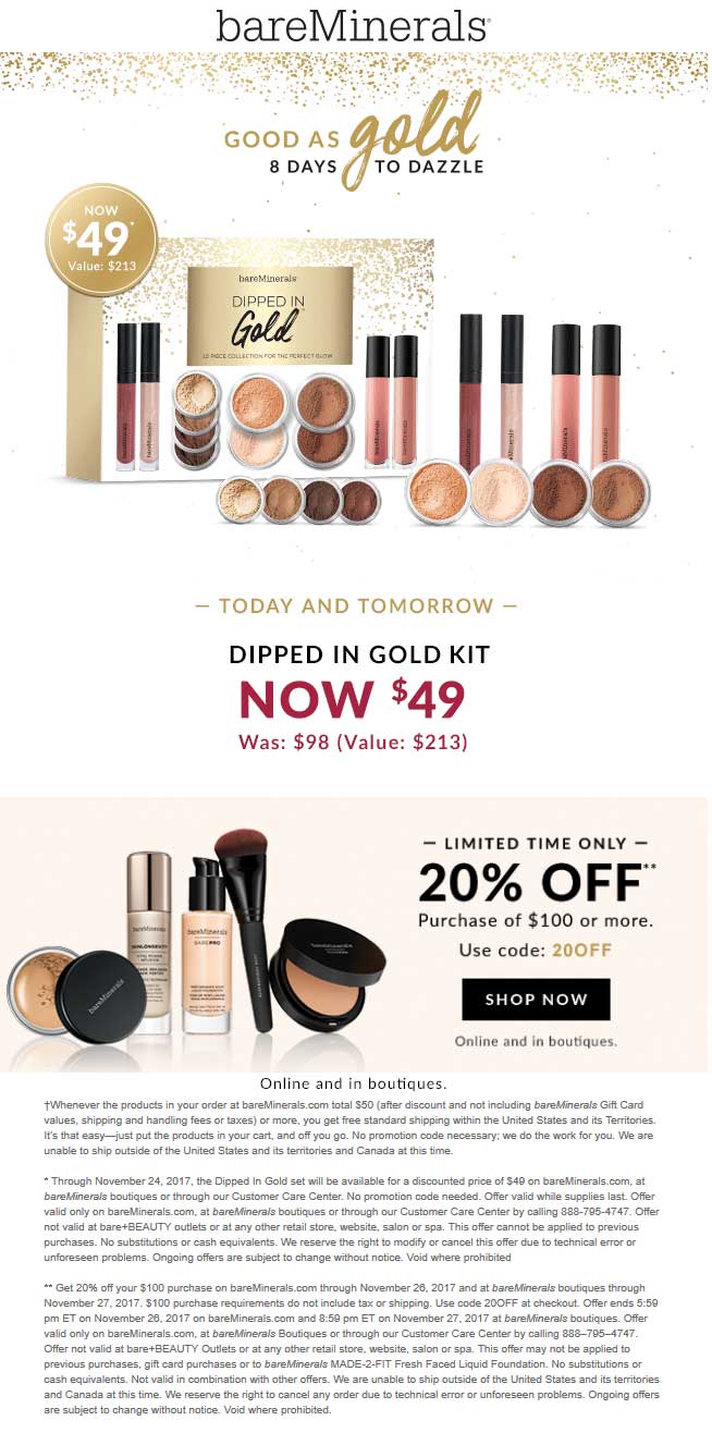 bareMinerals Coupon April 2024 20% off $100 at bareMinerals, or online via promo code 20OFF