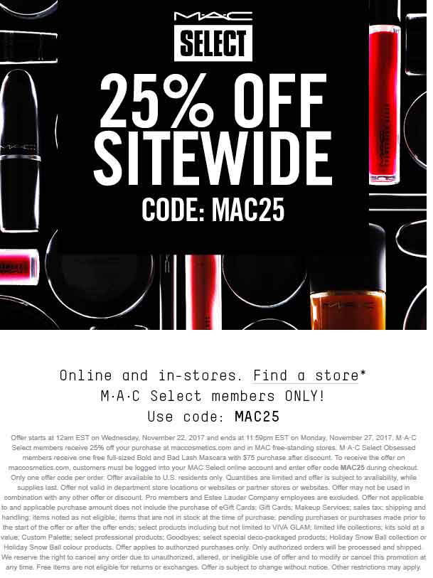 MAC Coupon April 2024 25% off everything for members at MAC, or online via promo code MAC25