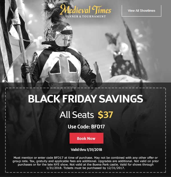 Medieval Times Coupon March 2024 All seats $37 at Medieval Times dinner & tournament via promo code BFD17