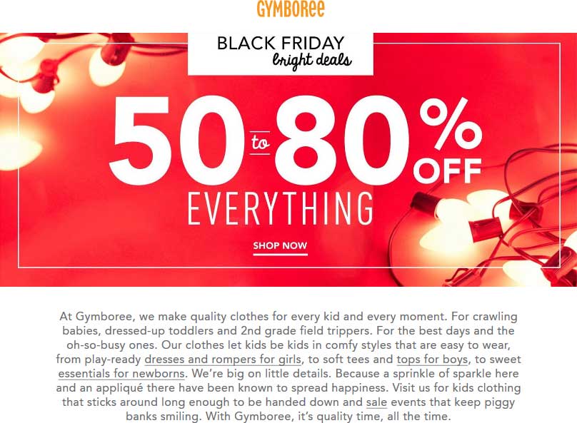 Gymboree Coupon April 2024 50-80% off everything at Gymboree, ditto online