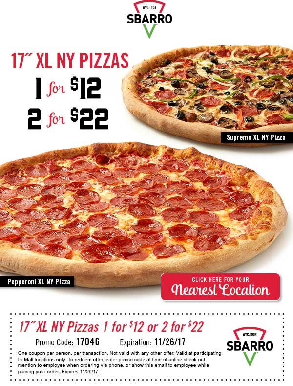 Sbarro Coupon April 2024 XL pizza = $12 & more at Sbarro restaurants