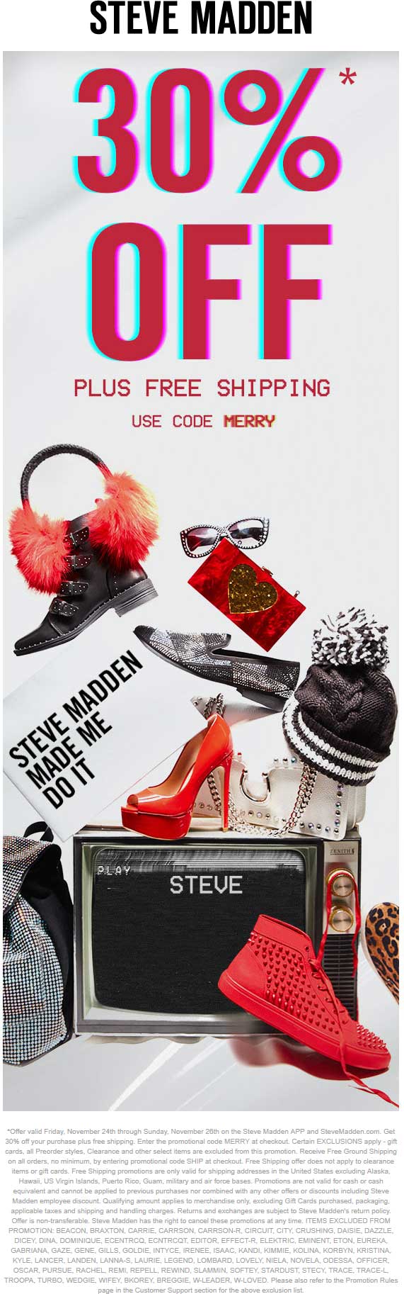 Steve Madden Coupon March 2024 30% off online + free ship at Steve Madden via promo code MERRY