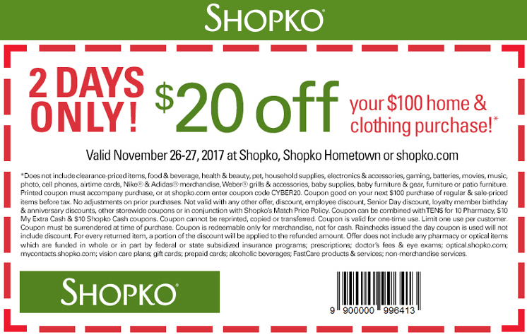 Shopko Coupon April 2024 $20 off $100 at Shopko, or online via promo code CYBER20