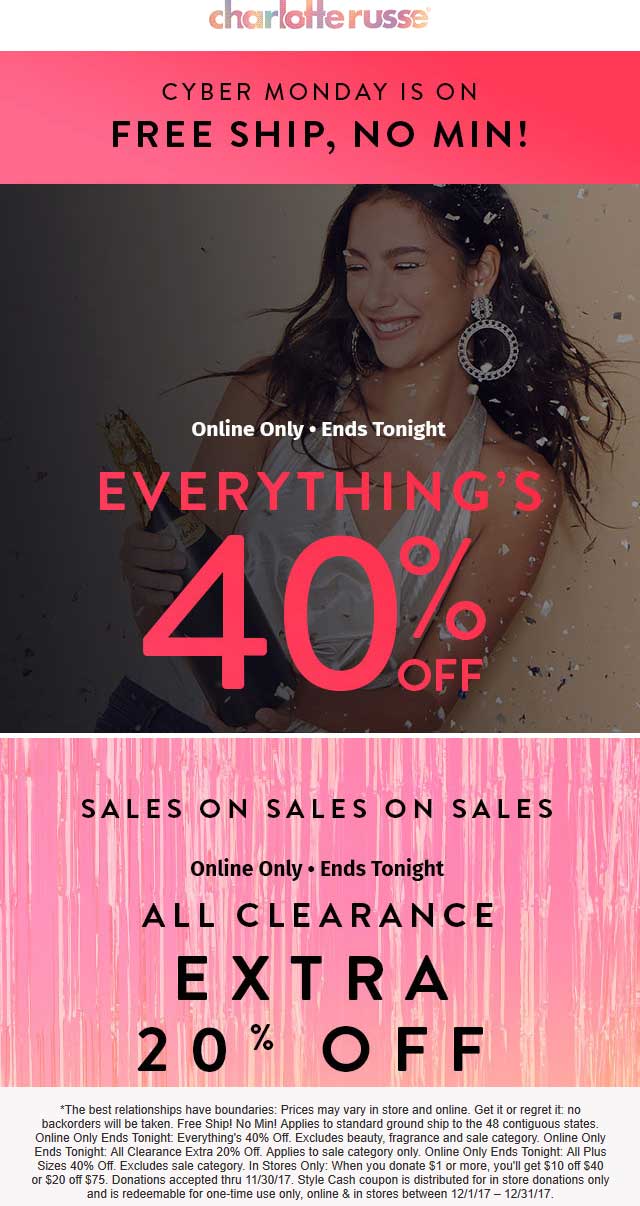Charlotte Russe Coupon April 2024 Everything is 40% off online today at Charlotte Russe