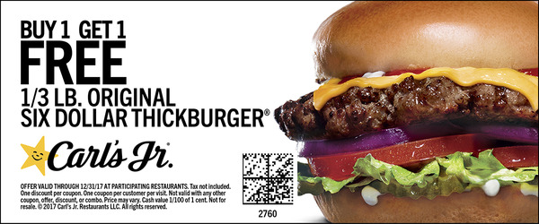 Carls Jr Coupon April 2024 Second burger free at Carls Jr.