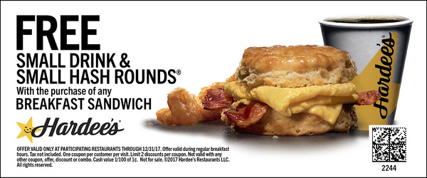 Hardees Coupon April 2024 Free hash rounds + drink with your breakfast sandwich at Hardees