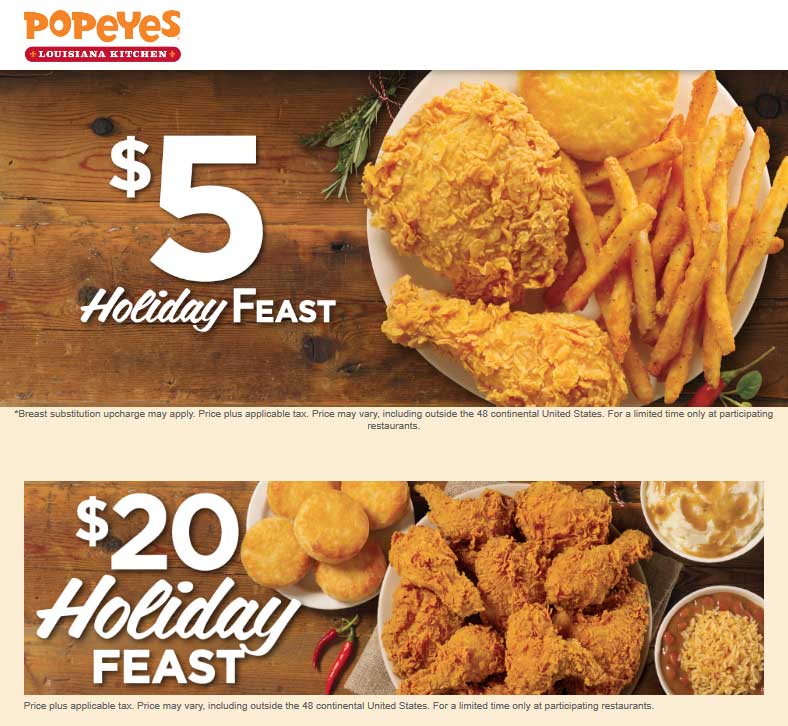Popeyes Coupon April 2024 $5 & $20 holiday feast going on at Popeyes restaurants