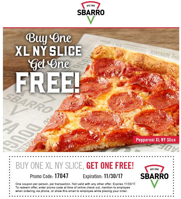 Sbarro Coupon April 2024 Second pizza slice free at Sbarro restaurants