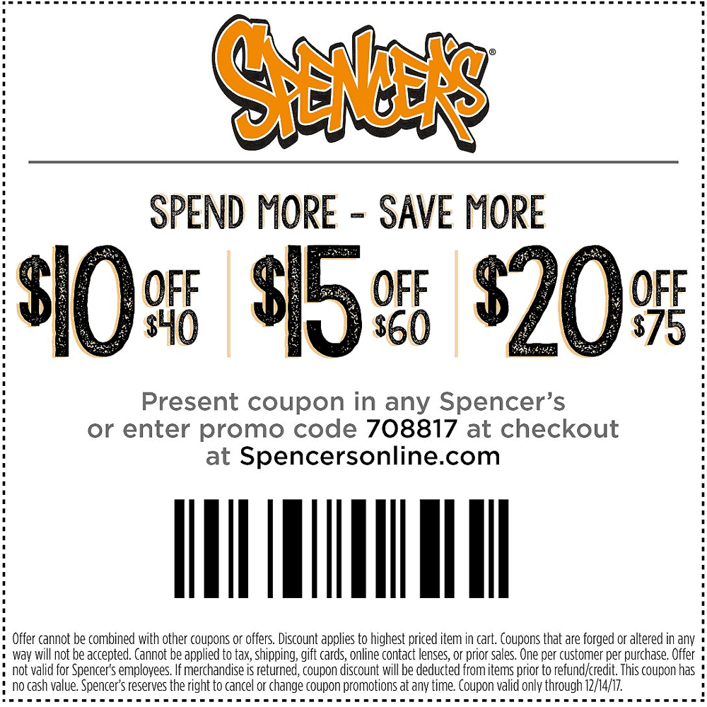 Spencers Coupon April 2024 $10 off $40 & more at Spencers, or online via promo code 708817