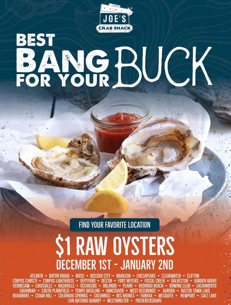 Joes Crab Shack Coupon April 2024 $1 oysters at Joes Crab Shack restaurant