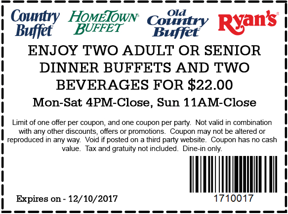 Old Country Buffet Coupon April 2024 2 dinner buffets + 2 drinks = $22 at Country Buffet, HomeTown Buffet, Ryans & Old Country Buffet