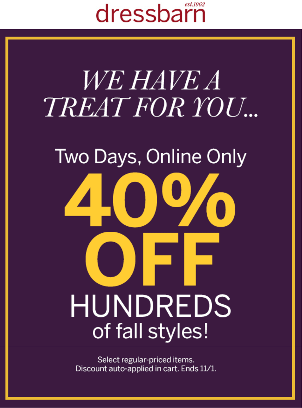 Dressbarn Coupon April 2024 40% off fall online today at Dressbarn