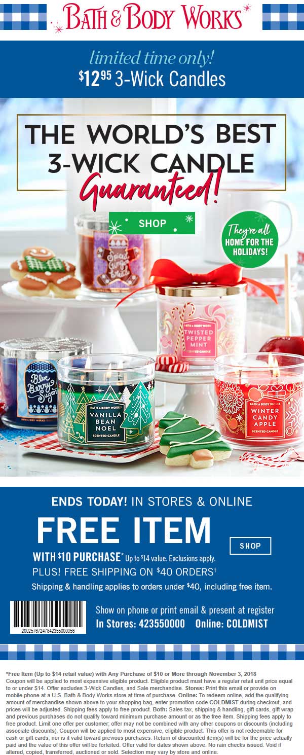 Bath & Body Works Coupon April 2024 $14 item free today with $10 spent at Bath & Body Works, or online via promo code COLDMIST