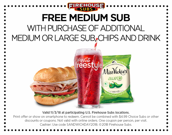 Firehouse Subs Coupon April 2024 Second sub sandwich free today at Firehouse Subs