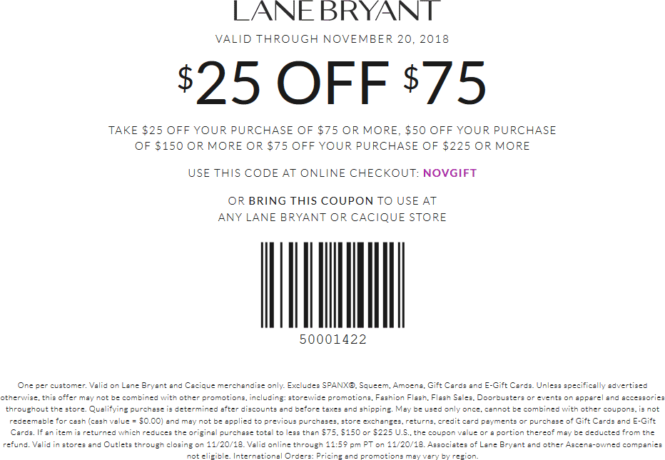Lane Bryant Coupon April 2024 $25 off $75 at Lane Bryant, or online via promo code NOVGIFT