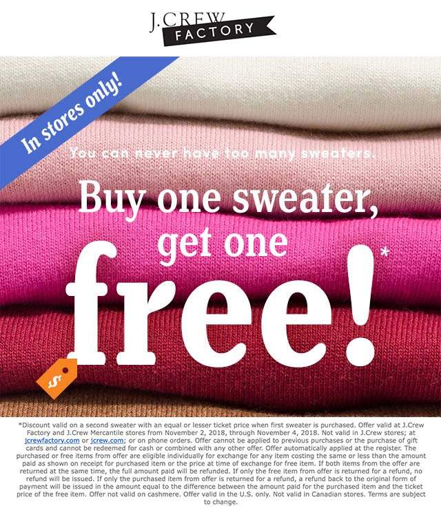 J.Crew Factory Coupon April 2024 Second sweater free today at J.Crew Factory locations