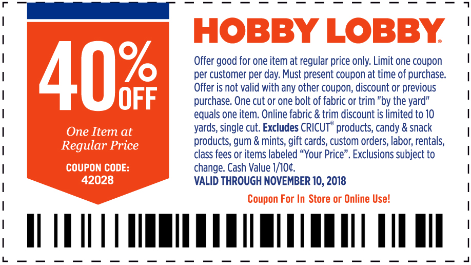 Hobby Lobby Coupon April 2024 40% off a single item at Hobby Lobby, or online via promo code 42028
