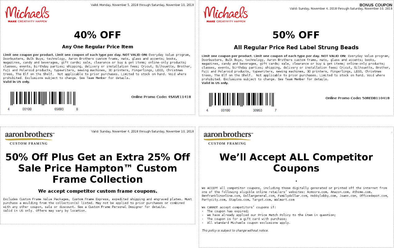 Michaels Coupon April 2024 40% off a single item & more at Michaels, or online via promo code 4SAVE11418