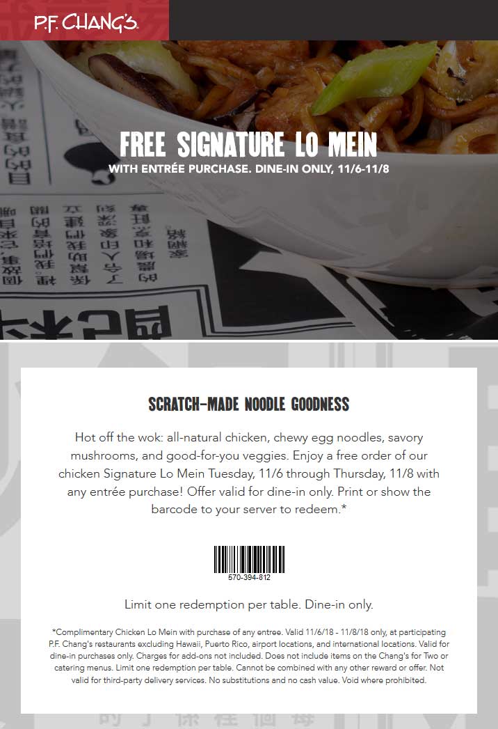 P.F. Changs Coupon March 2024 Free Lo Mein with your entree at P.F. Changs