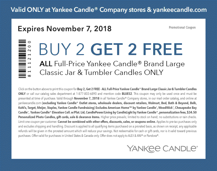Yankee Candle Coupon April 2024 4 for 2 at Yankee Candle, or online via promo code BLUES2