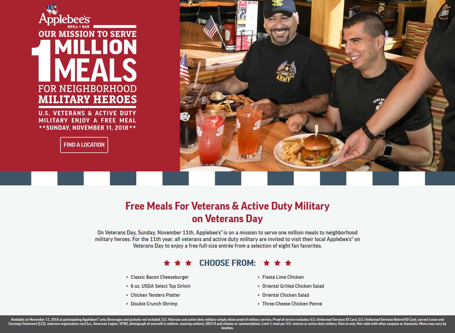 Applebees Coupon April 2024 Veterans & military enjoy a free meal Sunday at Applebees
